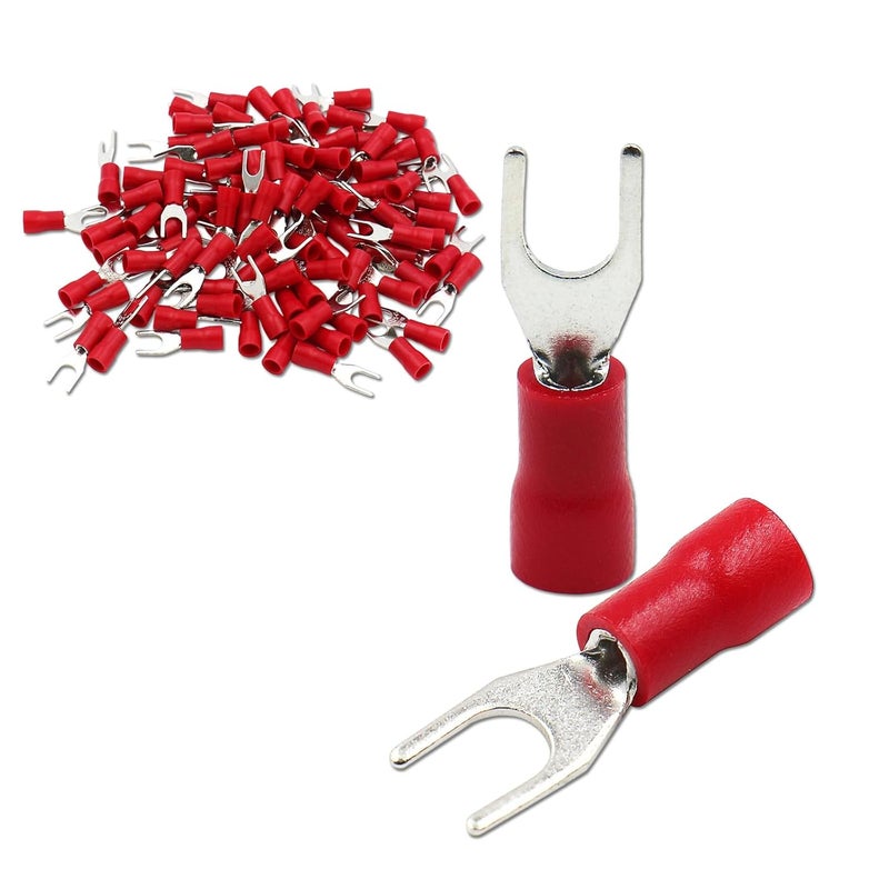 Baomain Fork Spade Terminal Connectors – Insulated, #8 Stud (4.3mm), 22-16 AWG (0.5-1.5mm²), Red, (200-Pack) - Image 1
