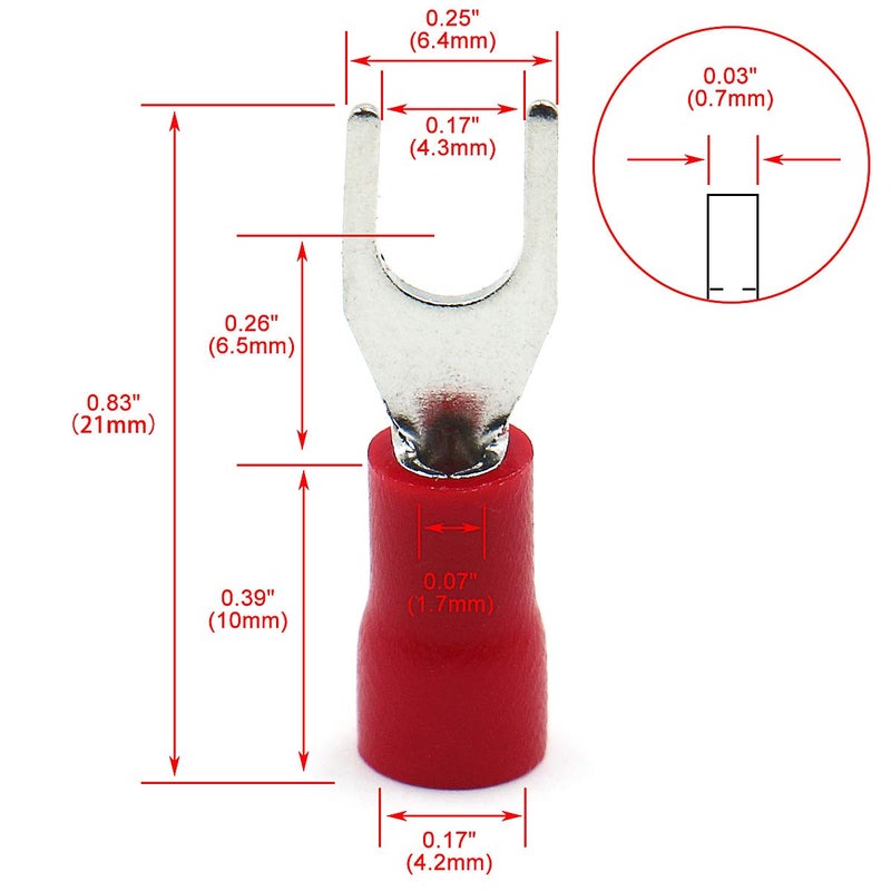 Baomain Fork Spade Terminal Connectors – Insulated, #8 Stud (4.3mm), 22-16 AWG (0.5-1.5mm²), Red, (200-Pack) - Image 2