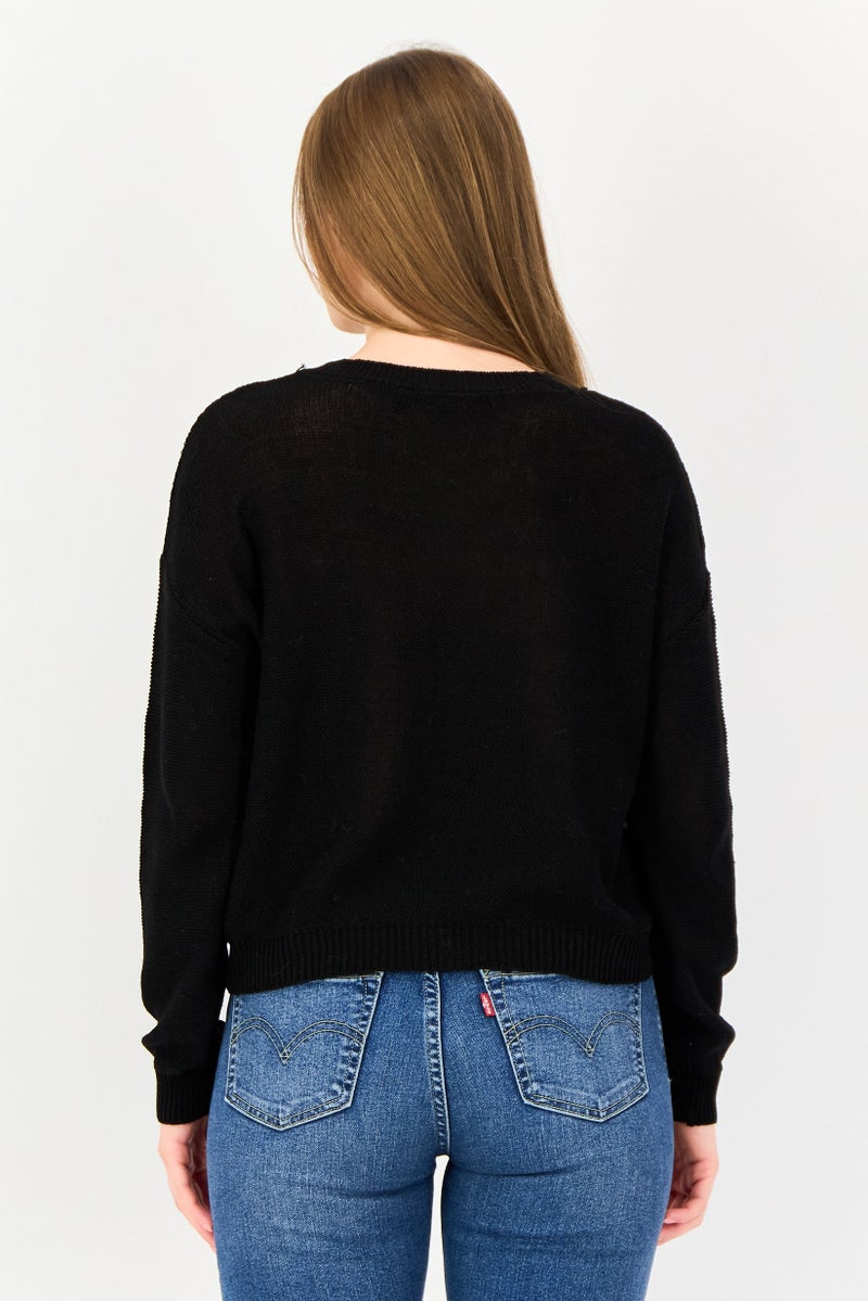 BRAVE SOUL Women Ribbed Neck Knitted Sweater, Black - Image 3