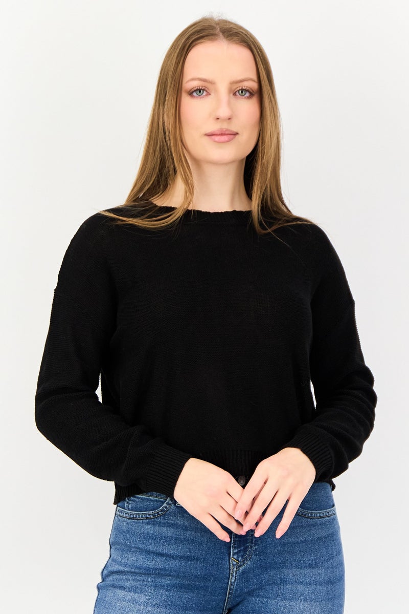 BRAVE SOUL Women Ribbed Neck Knitted Sweater, Black - Image 1