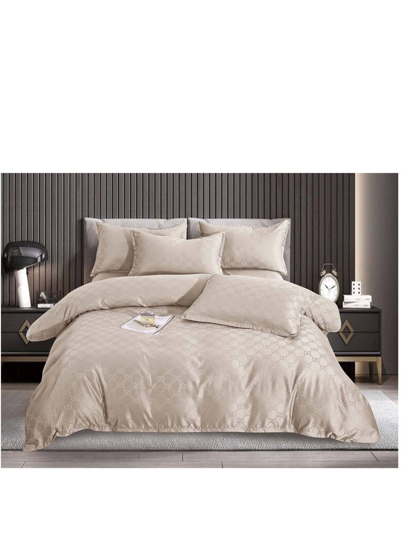 بيج مجموعة مفروشات حريرية ملكية مكونة من 6 قطع تتضمن غطاء لحاف ملاءات وسائد