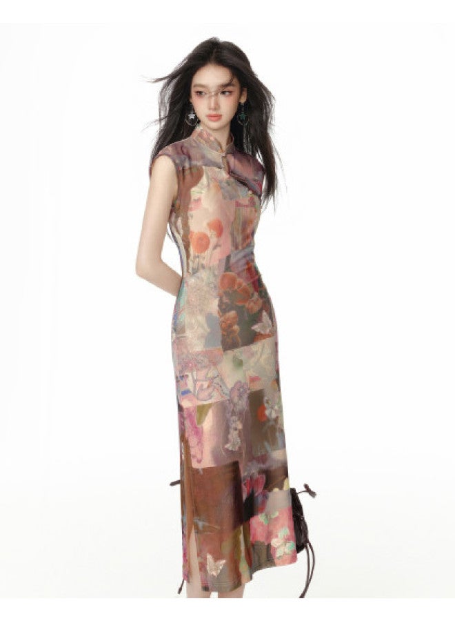 EPTISON فستان تشيباو صيني جديد بأسلوب ريترو للنساء، وصول جديد صيف 2025، تصميم شق جانبي، فستان مطبوع بطول متوسط - Image 1