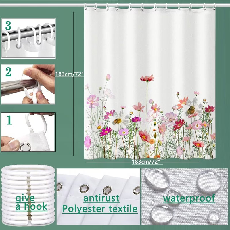 Niidder Shower Curtain  Flower Shower Curtain  Waterproof Bathroom Shower Curtains  -72 ""W x 72"" L/Shower Curtains for Bathroom Cloth Shower Curtain with 12 Hooks - Image 2