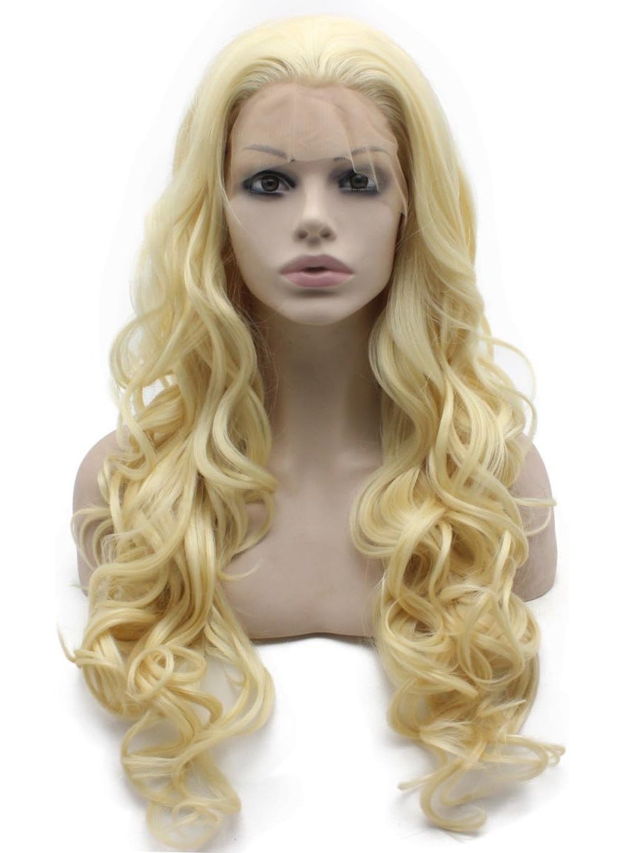 MX angel - Mxangel Long Wavy 613 Blonde Hand Tied Synthetic Hair Lace Front Wig Natural - Image 1
