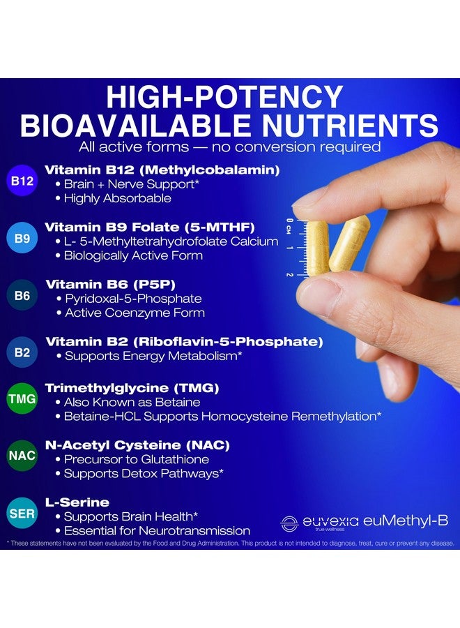 Euvexia L ميثيل فولات نشط 5-MTHF بالإضافة إلى ميثيل B12 - مركب B ميثيل مع B2 B6 B9 B12 NAC L-سيرين TMG بيتايدين HCL L ميثيل فولات - يدعم الهوموسيستين والقلب والمزاج والدماغ - د. إيكبرغ - بدون حمض الفوليك - Image 4