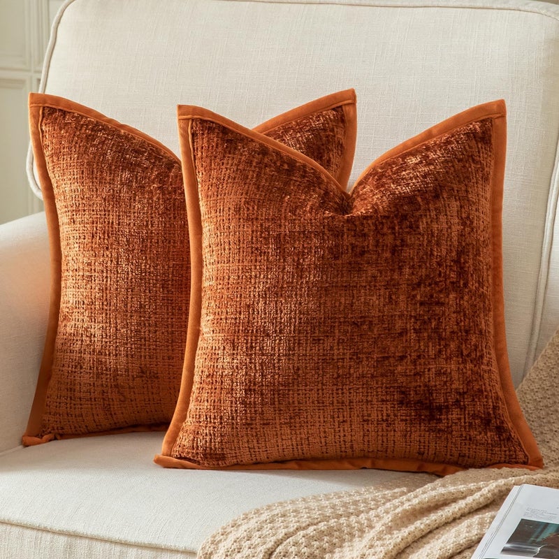 Yaertun Pack of 2 Chenille Textured Decorative Throw Pillow Covers Accent Solid Cushion Cover Soft Cozy Pillow Case with Velvet Back for Couch Sofa Bed Living Room 26x26 Inch Burnt Brick - Image 1