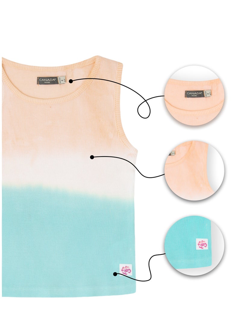 CANADA HOUSE Soft and Comfortable Orange and Glacier Blue Ribbed Cotton T-shirt for Girls  - Image 4