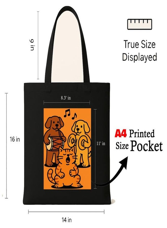Megrok Pet Band Tote Bag for Women | Front A4 Size Printed Pocket | 16x14 Inch Musical Cotton Bag | Children's Animal Education Tool - Image 3
