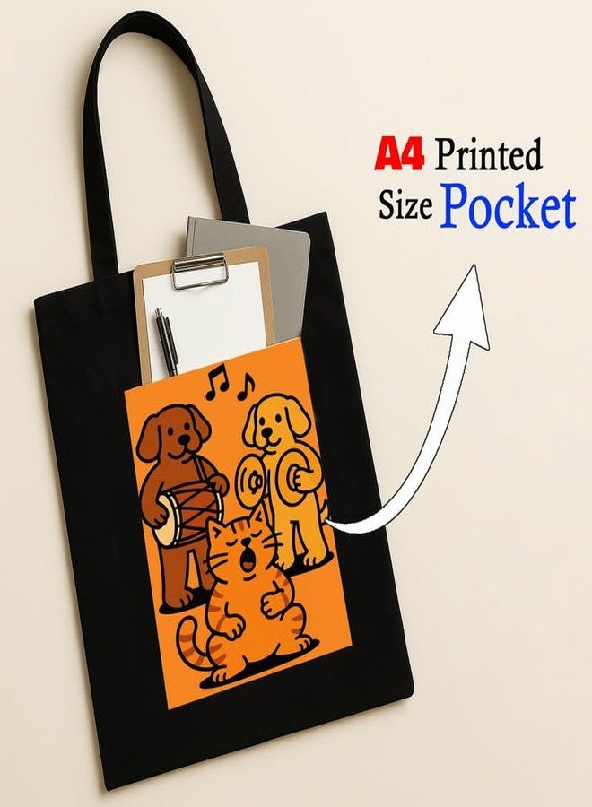 Megrok Pet Band Tote Bag for Women | Front A4 Size Printed Pocket | 16x14 Inch Musical Cotton Bag | Children's Animal Education Tool - Image 2