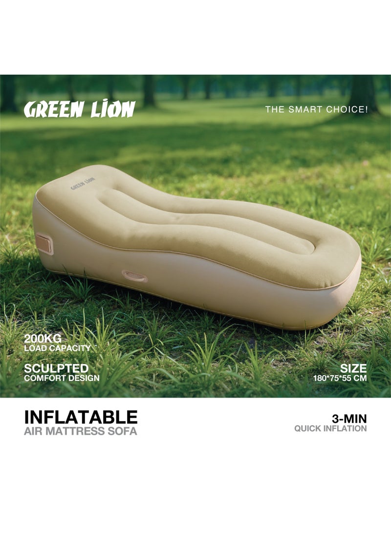 جرين ليون أريكة سرير هوائية قابلة للنفخ محمولة بتصميم مريح منحوت، إعداد سهل للاستخدام الداخلي / نفخ سريع خلال 3 دقائق / حجم 180x75x55 سم / سعة تحميل 200 كجم / مقبض حمل سهل - بيج - Image 1