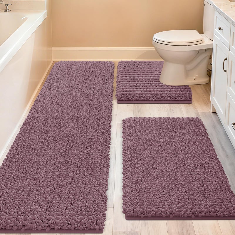 ACCUMTEK Upgrade Extra Large Mauve Bathroom Rug Set 3 Pieces Ultra Soft, Thick Absorbent Bath Mats, Non Slip Chenille Toilet Mat for Bathroom, Bedroom, Kitchen - Image 1