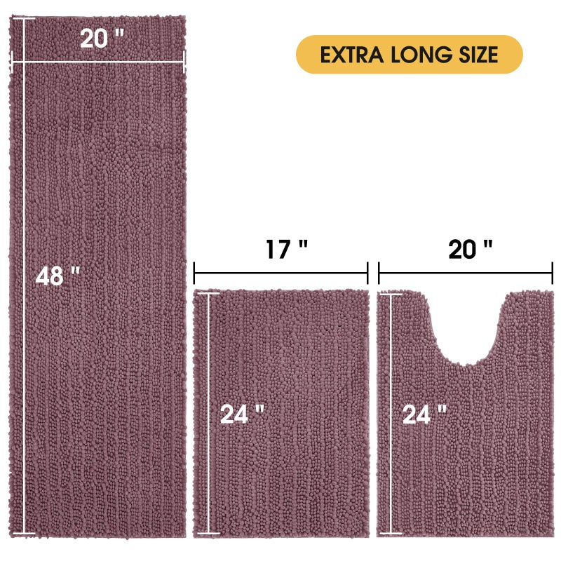 ACCUMTEK Upgrade Extra Large Mauve Bathroom Rug Set 3 Pieces Ultra Soft, Thick Absorbent Bath Mats, Non Slip Chenille Toilet Mat for Bathroom, Bedroom, Kitchen - Image 2