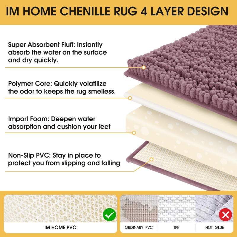 ACCUMTEK Upgrade Extra Large Mauve Bathroom Rug Set 3 Pieces Ultra Soft, Thick Absorbent Bath Mats, Non Slip Chenille Toilet Mat for Bathroom, Bedroom, Kitchen - Image 5
