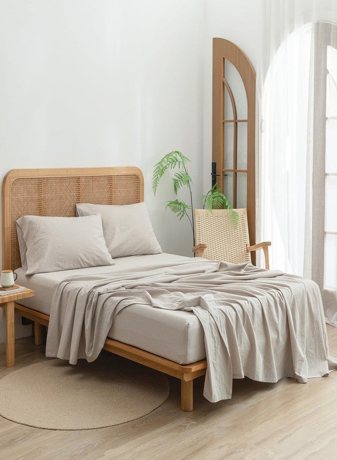 BESTOUCH Fitted Sheet Only 100% Washed Cotton Linen Feel Easily Fits Deep Pockets up to 17 inch Solid Linen Grey Queen - Image 5