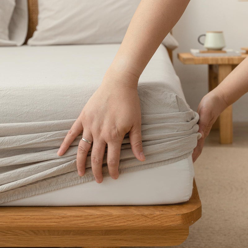 BESTOUCH Fitted Sheet Only 100% Washed Cotton Linen Feel Easily Fits Deep Pockets up to 17 inch Solid Linen Grey Queen - Image 1