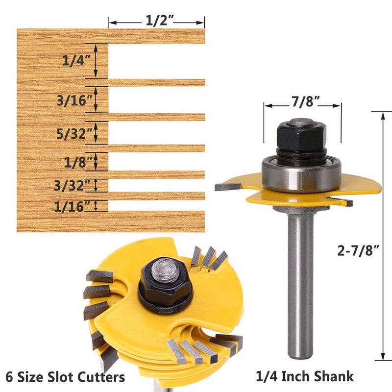 Yakamoz 1/4 Inch Shank 3-Wing Adjustable Slot Cutter Router Bit Set with Bearings | 6-Picecs Slotting Cutting Blades, 1/2 Inch Cutting Depth, 6 Different Cutting Widths - Image 2