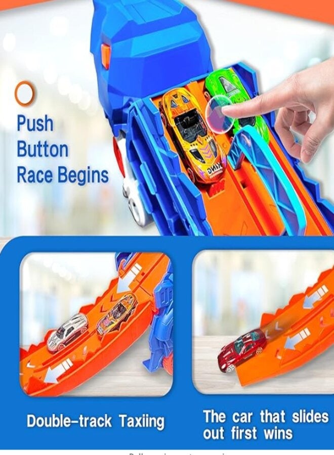 Dinosaur Transport Truck for 3 4 5 6 Years Old Boys,Carrier Truck with Foldable Sliding 25 Inchs Race Track and 12 Die-cast  - Image 4