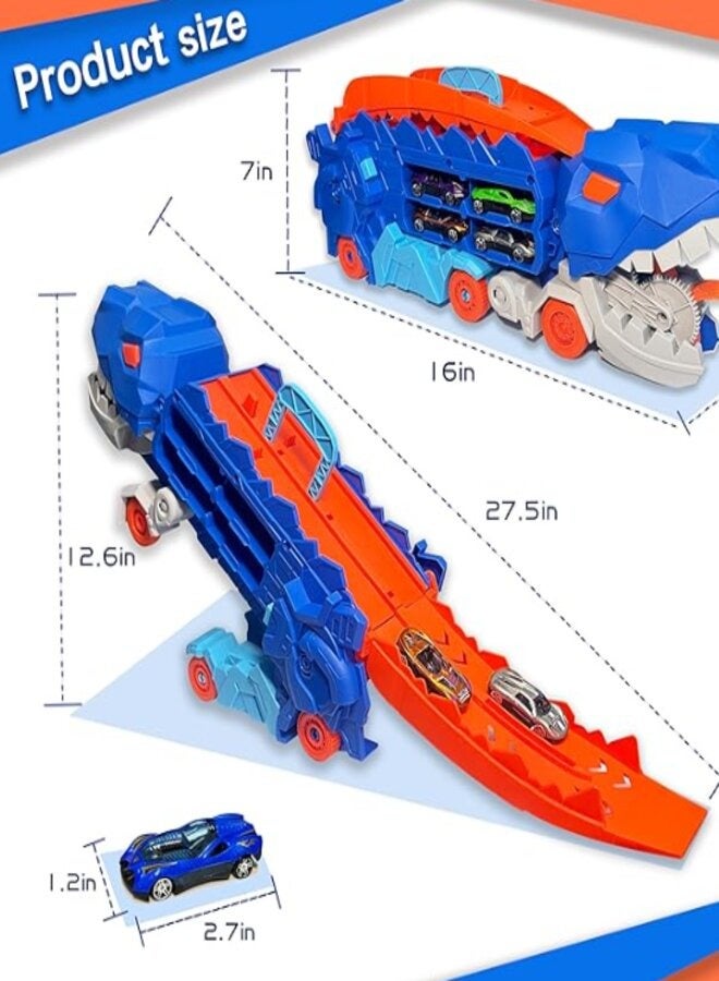 Dinosaur Transport Truck for 3 4 5 6 Years Old Boys,Carrier Truck with Foldable Sliding 25 Inchs Race Track and 12 Die-cast  - Image 5