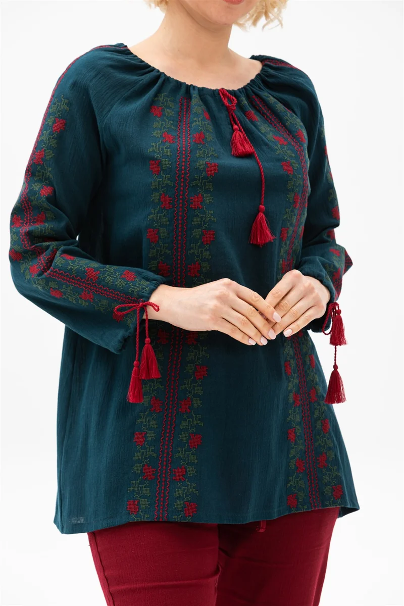 اليش شيل بيزي Long Sleeve Şile Cloth Kevser Blouse Petrol Ptrl