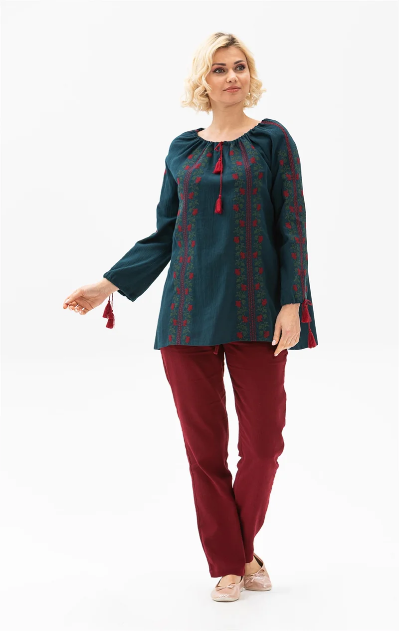 اليش شيل بيزي Long Sleeve Şile Cloth Kevser Blouse Petrol Ptrl