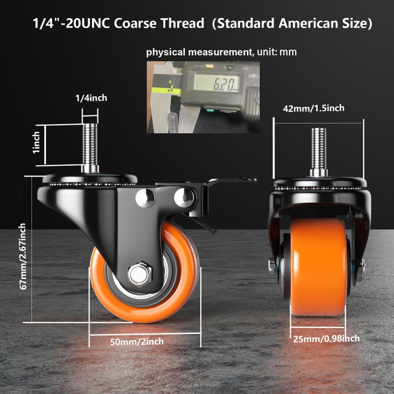 YUPEZOP 2 Inch Caster Wheels, Threaded Stem Casters Set of 4 Heavy Duty, 1/4"-20x1 (Screw Diameter 1/4", Stem Length 1"), Safety Dual Locking Industrial Castors, Wheels for Cart, Furniture - Image 3