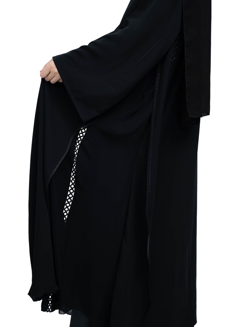 NUKHBAA - Stylish Black Nida Abaya with Intricate Cutwork Lace Detailing includes Hijab-639 - Image 1
