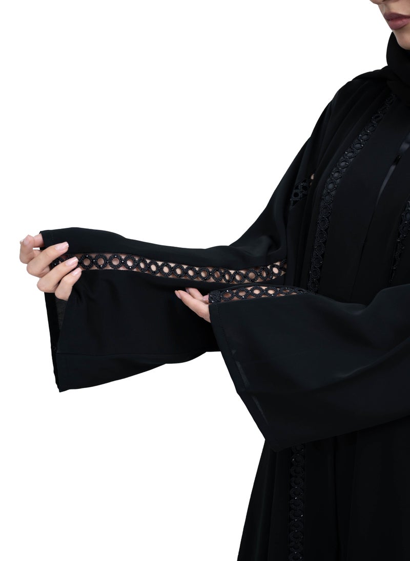 NUKHBAA - Stylish Black Nida Abaya with Intricate Cutwork Lace Detailing includes Hijab-639 - Image 1