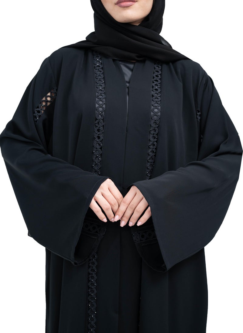 NUKHBAA - Stylish Black Nida Abaya with Intricate Cutwork Lace Detailing includes Hijab-639 - Image 1