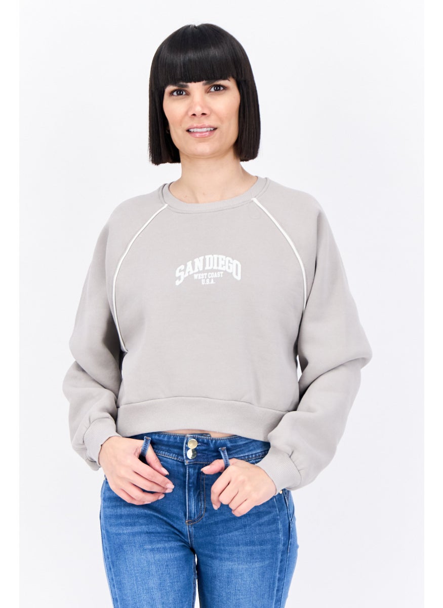 Bershka Women Crew Neck Graphic Print Sweatshirt, Grey  - Image 1