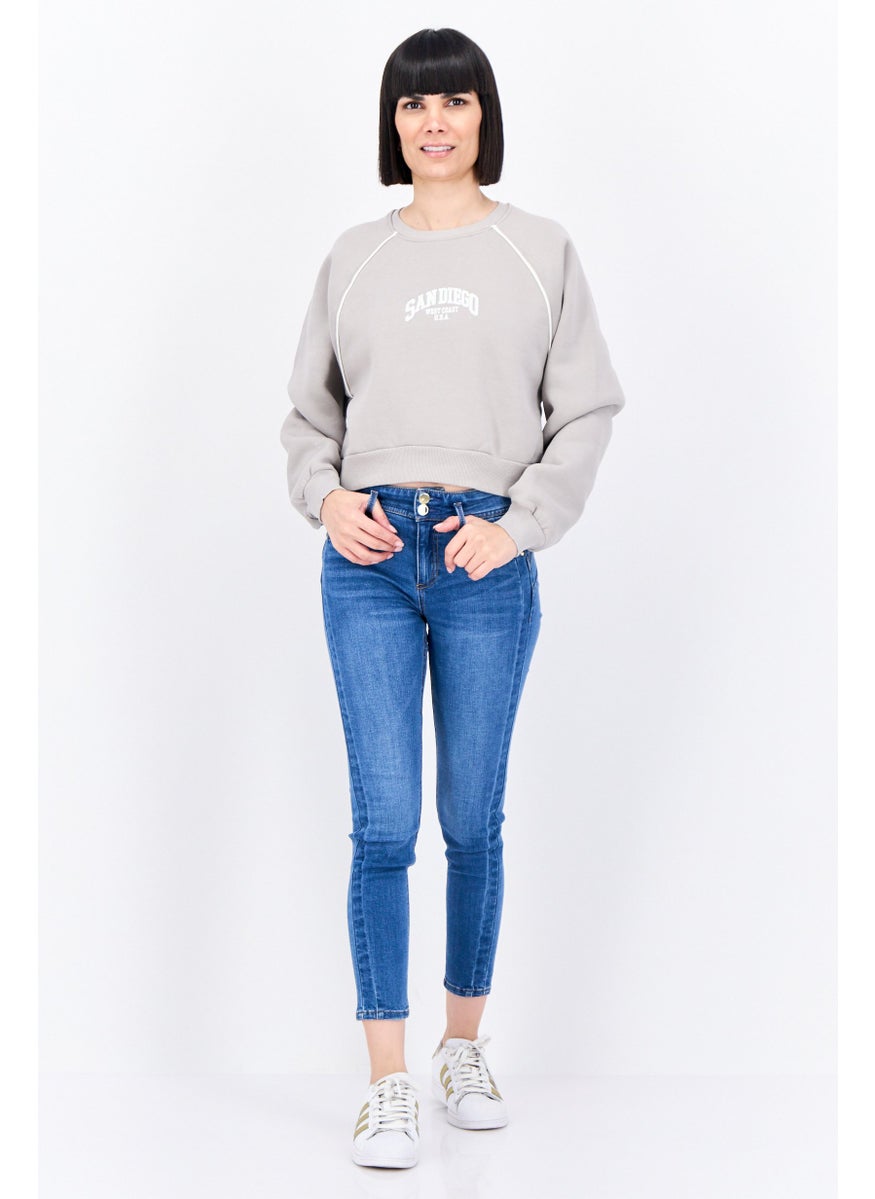 Bershka Women Crew Neck Graphic Print Sweatshirt, Grey  - Image 4