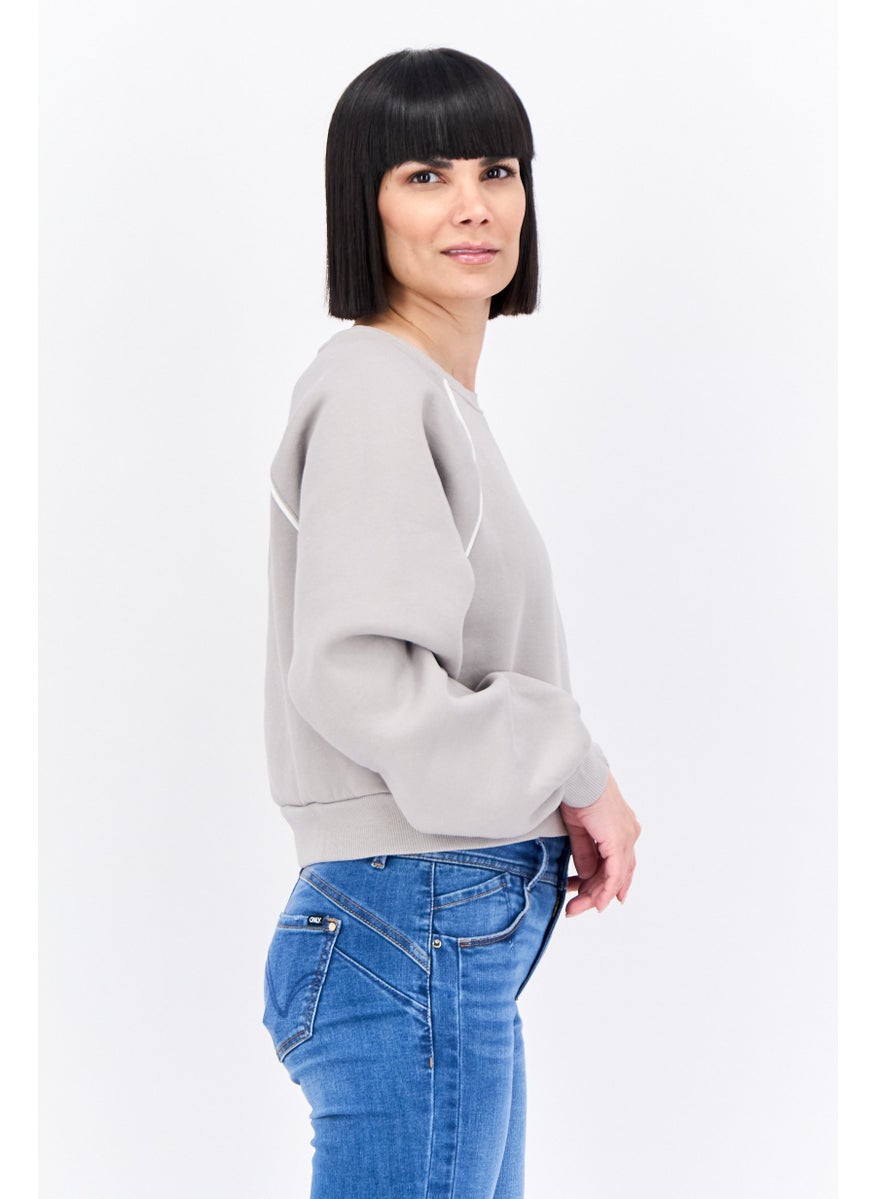 Bershka Women Crew Neck Graphic Print Sweatshirt, Grey  - Image 3