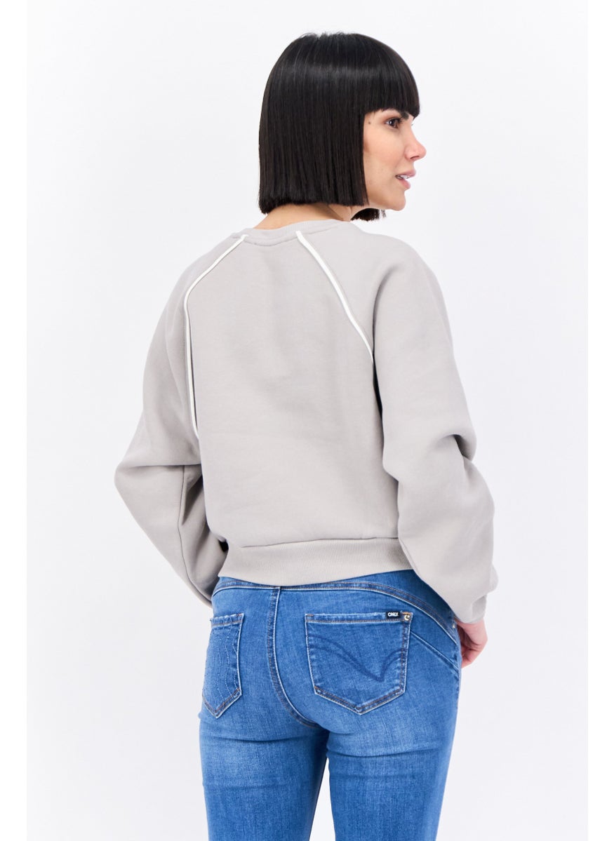 Bershka Women Crew Neck Graphic Print Sweatshirt, Grey  - Image 2