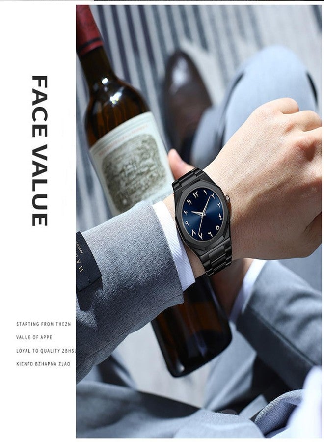 Gosasa Fashion Men's Quartz Watch with Middle Eastern Arabic Numeral Dial Design Stylish Stainless Steel Waterproof Business Casual Wristwatch, Black Blue, Fashion - Image 4