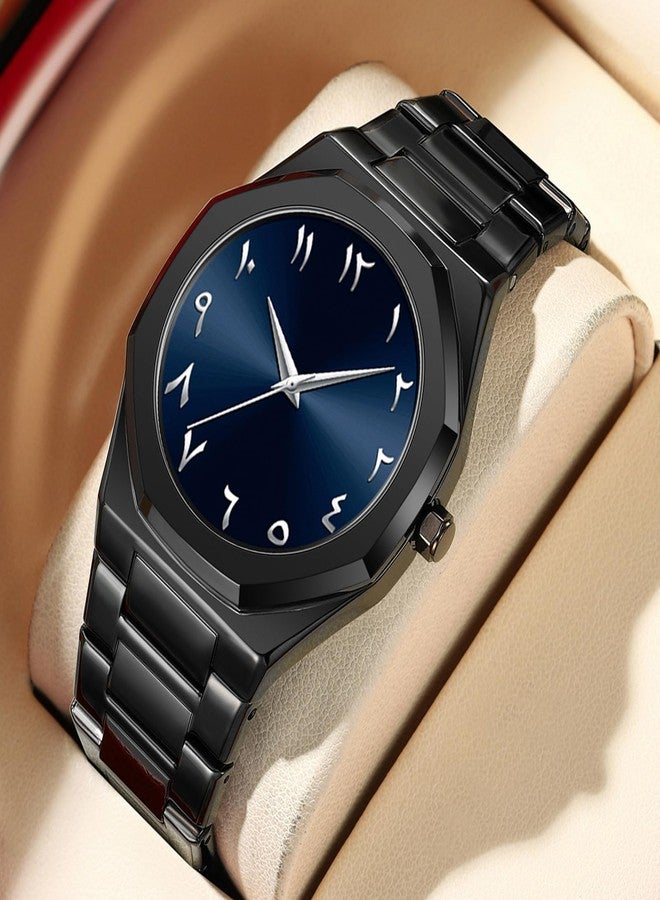 Gosasa Fashion Men's Quartz Watch with Middle Eastern Arabic Numeral Dial Design Stylish Stainless Steel Waterproof Business Casual Wristwatch, Black Blue, Fashion - Image 3