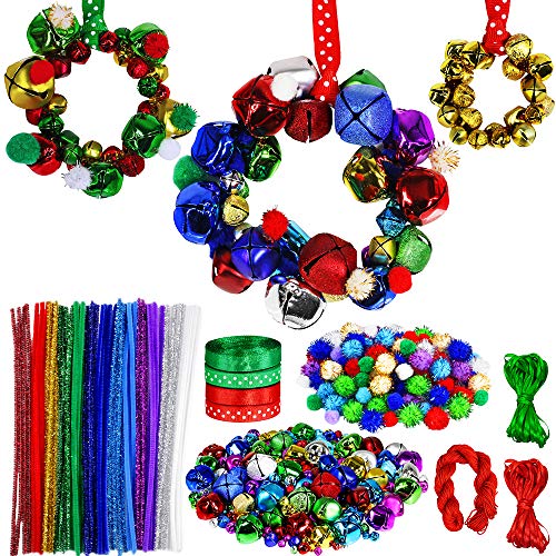 Winlyn 475 Set Christmas Jingle Bell Wreath Christmas Tree Ornaments Craft Kit Jingle Bell Metallic Chenille Stems Glitter Pom-Poms Ribbon Assortment for Kids Holiday Xmas Bracelets Necklaces Artwork - Image 1