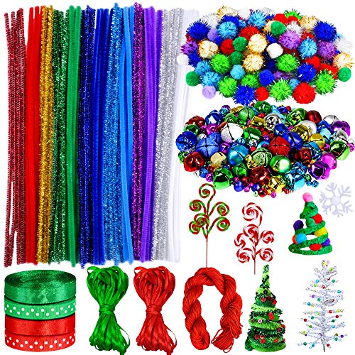 Winlyn 475 Set Christmas Jingle Bell Wreath Christmas Tree Ornaments Craft Kit Jingle Bell Metallic Chenille Stems Glitter Pom-Poms Ribbon Assortment for Kids Holiday Xmas Bracelets Necklaces Artwork - Image 4