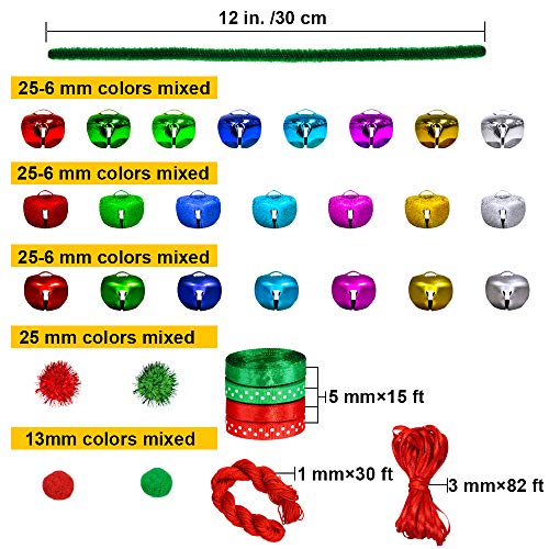 Winlyn 475 Set Christmas Jingle Bell Wreath Christmas Tree Ornaments Craft Kit Jingle Bell Metallic Chenille Stems Glitter Pom-Poms Ribbon Assortment for Kids Holiday Xmas Bracelets Necklaces Artwork - Image 5