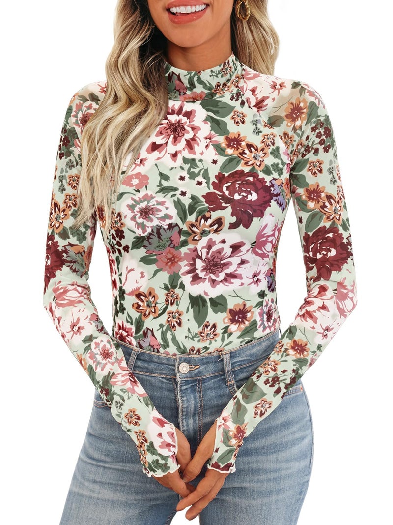 Dealmore Lace Sheer Floral Mesh Mockneck Going Out Tops for Women Fall Fashion Spring Outfits 2026 Clothes Floral Spiced S - Image 1