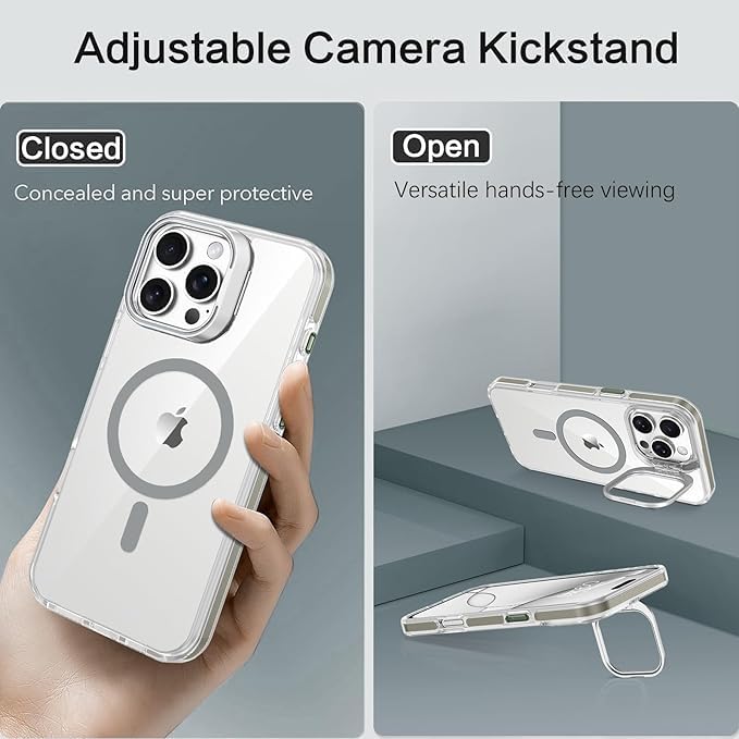 Elzzi حافظة آيفون 16 برو من سلسلة كلاسيك متوافقة مع ماغسيف مع حامل كاميرا مدمج غطاء هاتف شفاف حماية عسكرية ضد الصدمات حماية من السقوط غير صفراء صلبة PC + TPU، تيتانيوم صحراوي - Image 4