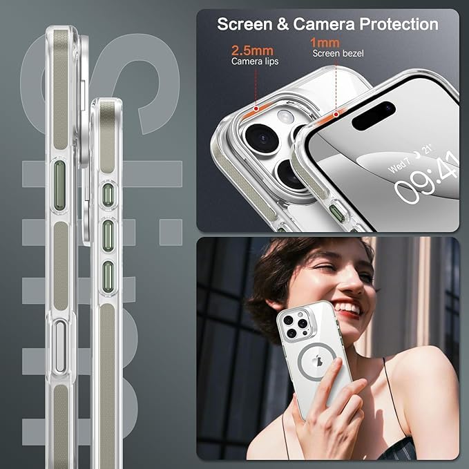 Elzzi حافظة آيفون 16 برو من سلسلة كلاسيك متوافقة مع ماغسيف مع حامل كاميرا مدمج غطاء هاتف شفاف حماية عسكرية ضد الصدمات حماية من السقوط غير صفراء صلبة PC + TPU، تيتانيوم صحراوي - Image 5