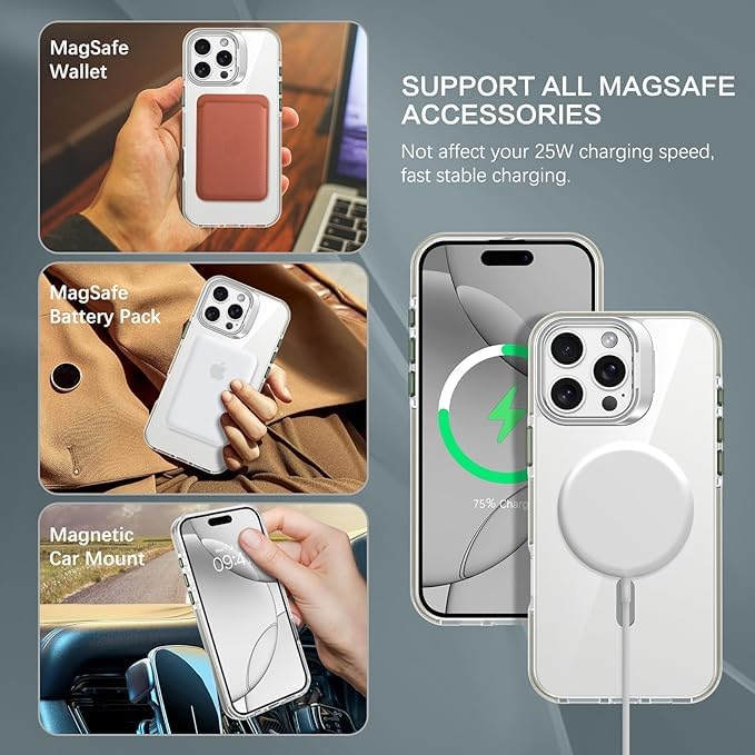 Elzzi حافظة آيفون 16 برو من سلسلة كلاسيك متوافقة مع ماغسيف مع حامل كاميرا مدمج غطاء هاتف شفاف حماية عسكرية ضد الصدمات حماية من السقوط غير صفراء صلبة PC + TPU، تيتانيوم صحراوي - Image 3