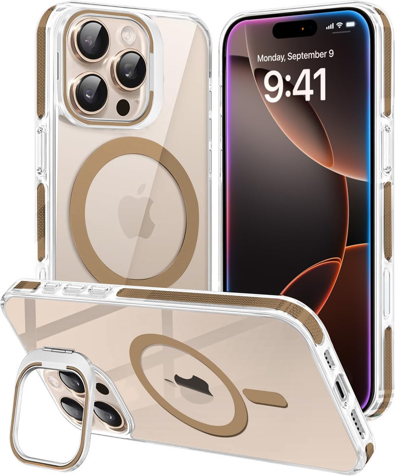 Elzzi حافظة آيفون 16 برو من سلسلة كلاسيك متوافقة مع ماغسيف مع حامل كاميرا مدمج غطاء هاتف شفاف حماية عسكرية ضد الصدمات حماية من السقوط غير صفراء صلبة PC + TPU، تيتانيوم صحراوي - Image 1