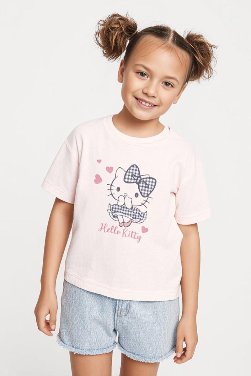 Hello Kitty تي شيرت قصير الأكمام بنقشة جرافيك للبنات، وردي - Image 1