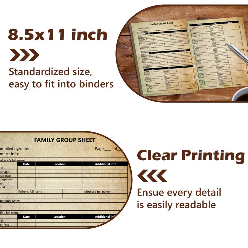 MSHUNKEJI 100 Sheets 12th Generation Family Group Sheets 3 Hole Genealogy Research Forms 8.5x11 inch Genealogy Charts To Fill In Two Sided Blank Genealogy Forms Vintage Family Tree Work Sheet for Research - Image 4