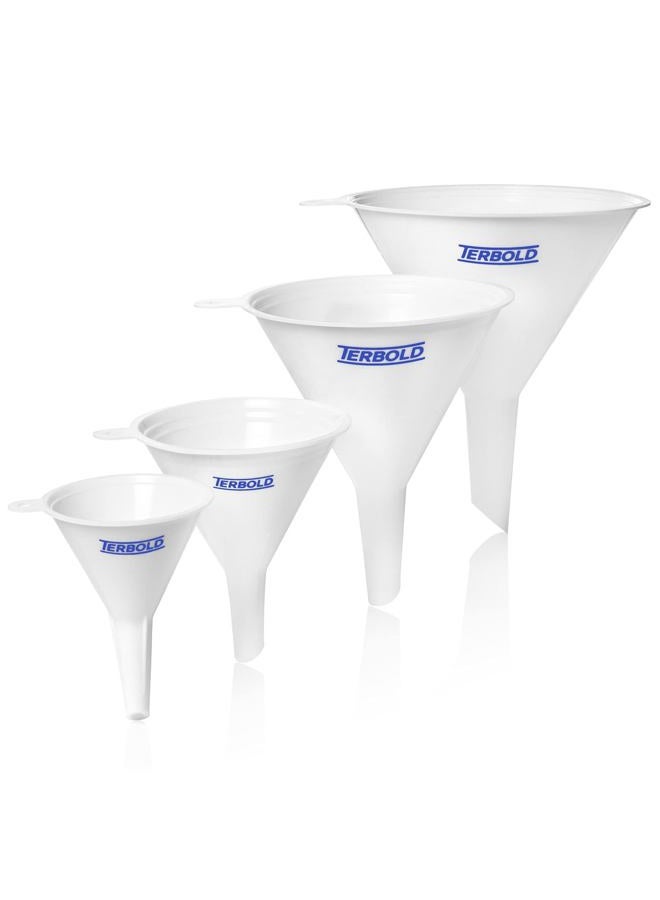 Terbold Plastic Funnel Set for Filling Bottles, Kitchen Funnel, Home Cooking, Automotive, Camping, School Science (4 funnels, mini, small, medium, large) - Image 1