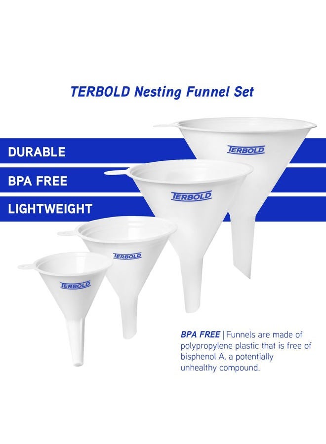 Terbold Plastic Funnel Set for Filling Bottles, Kitchen Funnel, Home Cooking, Automotive, Camping, School Science (4 funnels, mini, small, medium, large) - Image 3