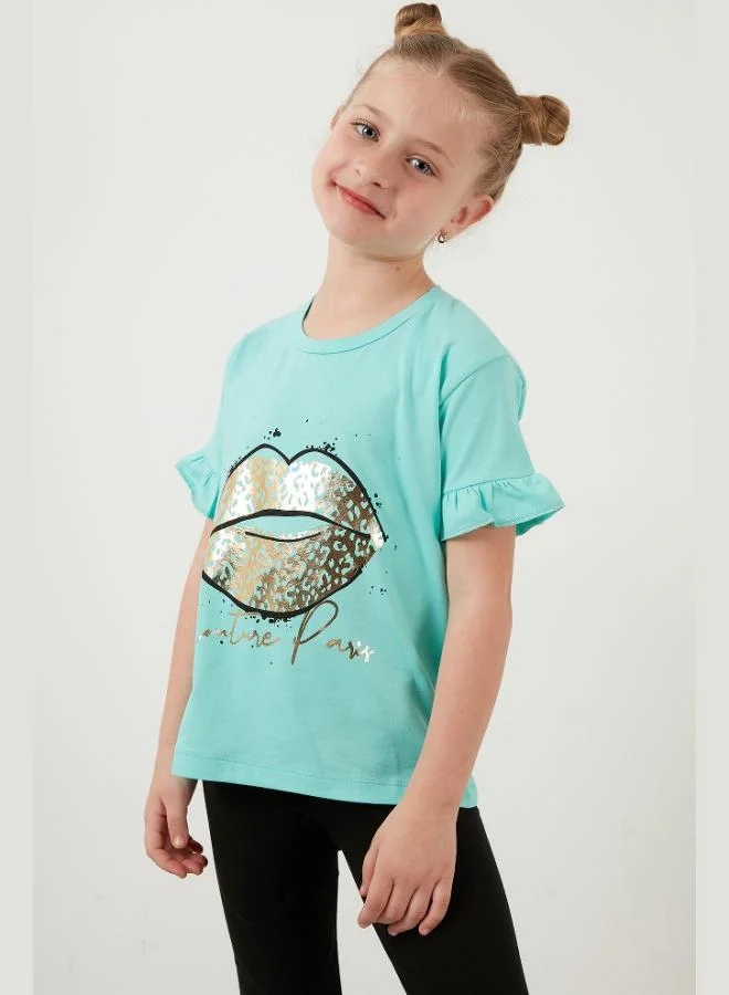 ليلا تيشيرت قطن بطبعات وأكمام مكشكشة ورقبة دائرية للبنات