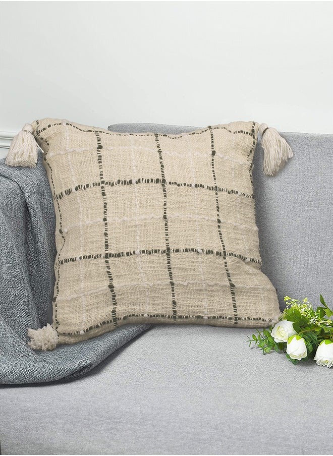 N & H Jute and Cotton Woven Square Shaped Cushion with Tassle 16 x 16 inches for Living Room Sofa (Checkered Pattern, Cream)  - Image 1