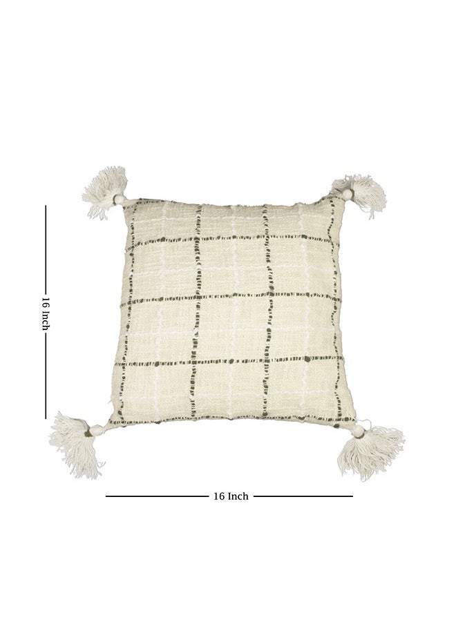 N & H Jute and Cotton Woven Square Shaped Cushion with Tassle 16 x 16 inches for Living Room Sofa (Checkered Pattern, Cream)  - Image 2