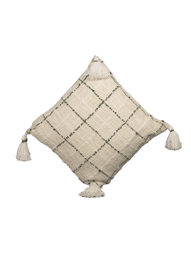 N & H Jute and Cotton Woven Square Shaped Cushion with Tassle 16 x 16 inches for Living Room Sofa (Checkered Pattern, Cream)  - Image 3